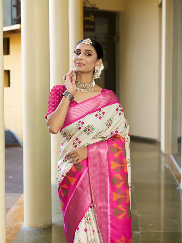 Cream Wevon Patta Designer & Digitl Printed Crepe Saree