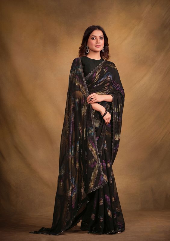 Black Designer Embroidery & Stone Work Zari Jacquard Print Saree