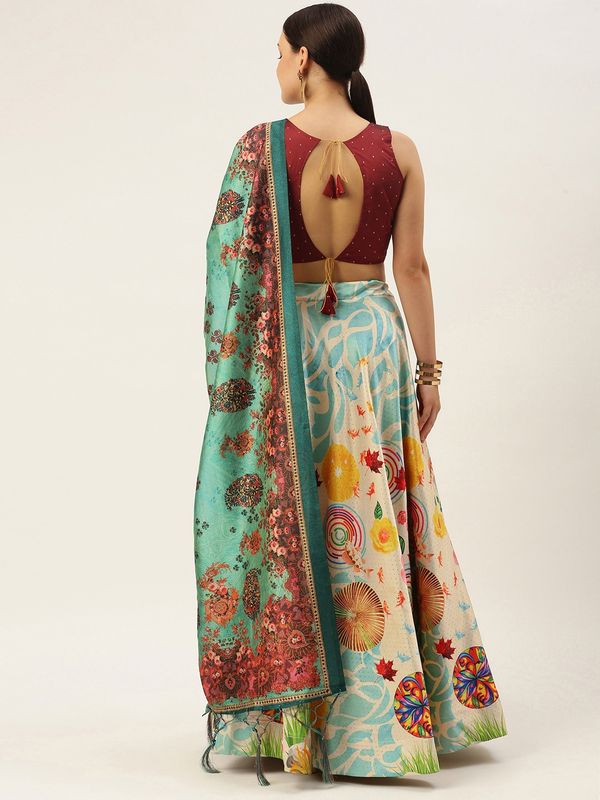 Kalamkari Digital Print Shiney Satin Stitched Lehenga Choli With Unstitched Multi Sequnce Work Blouse and Shiney Silk Dupatta For Women and Girls