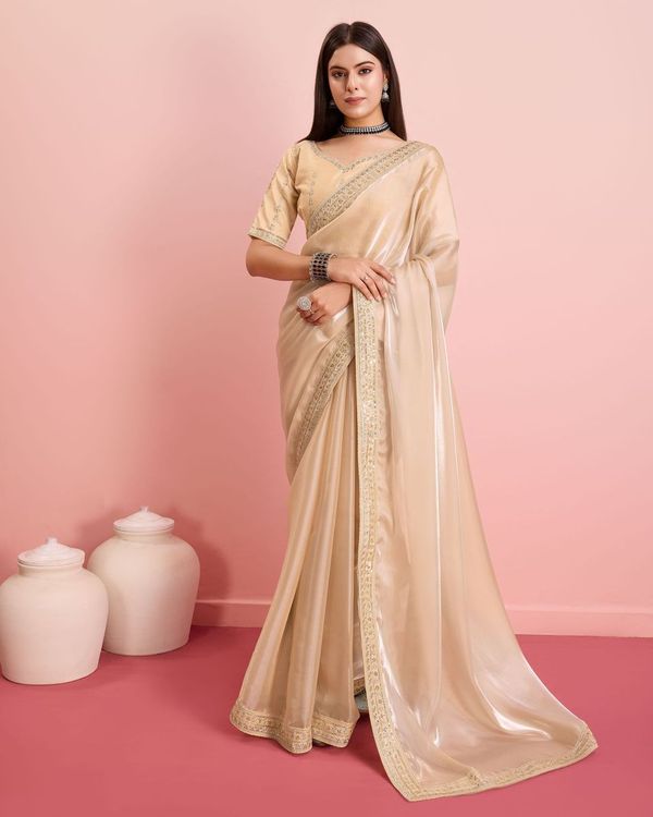 Beige Embroidery Work Lace Blouse Jimmy Choo Saree