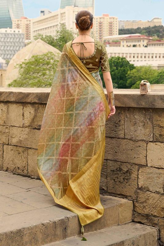 Avocado Green Wevon Designer & Embroidery Work Jacquard Silk Saree