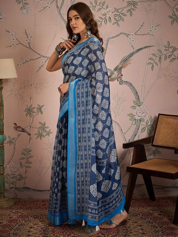 Blue Color Digital Printed Designer Linen Fabric Graceful Saree