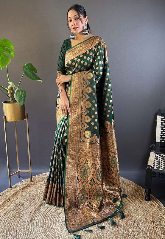 Green Banarasi Satin Silk Weaving Jari Designer Ethnic Graceful Saree