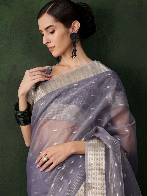 Grey Wevon Jacquard Designer Khadi Organza Saree
