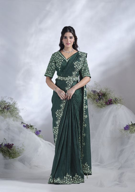 Green Sequance Embroidery & Hand Work Two Tone Satin Silk Saree