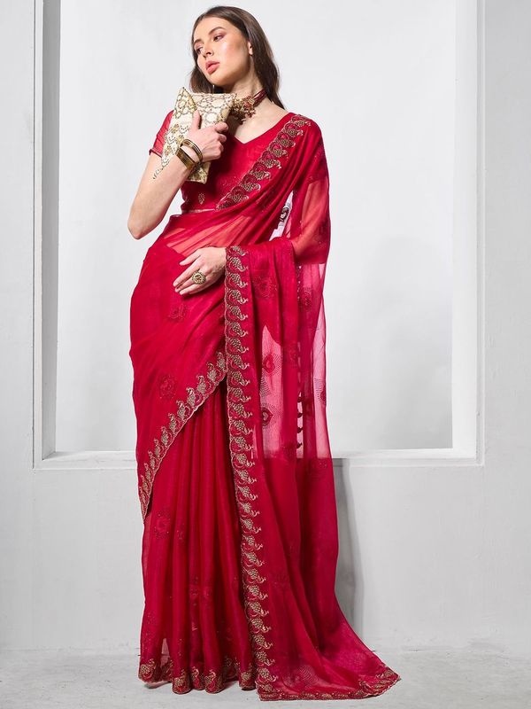 Red Designer Embroidery Work Shimmer Chiffon Saree