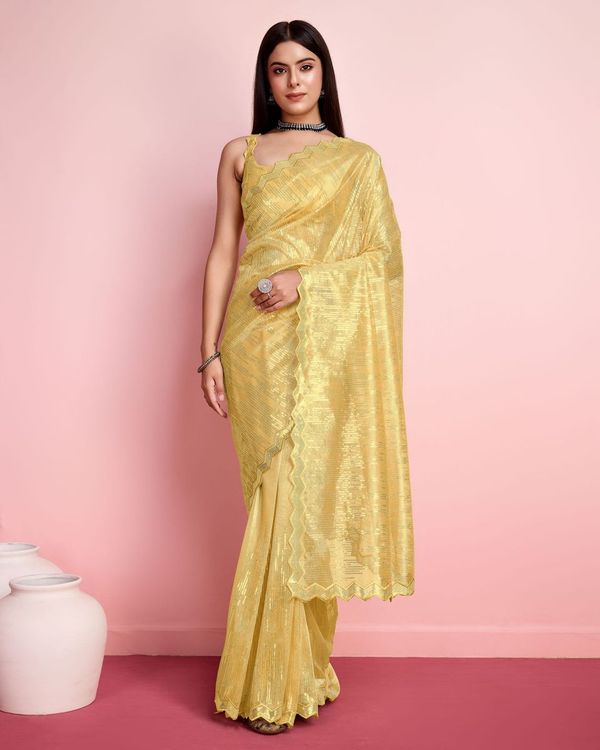 Yellow Thread & Sequance Embroidery Work Silver Twill Net Saree