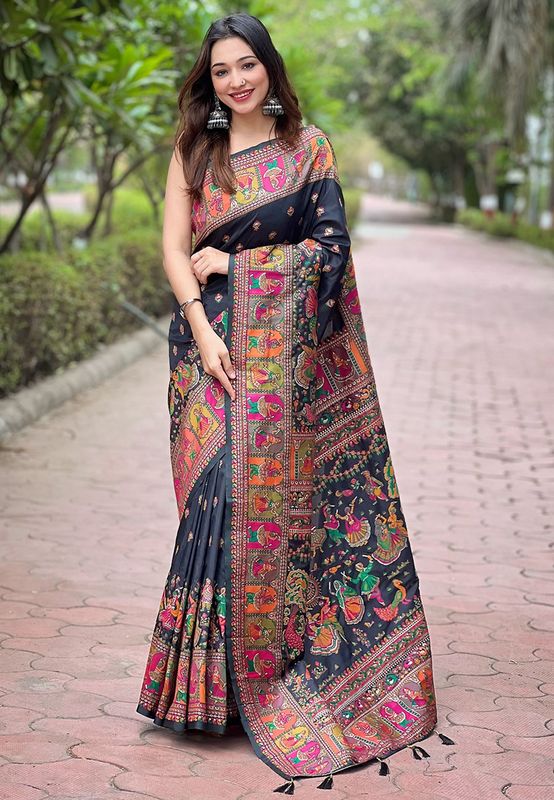 Black Pashmina Silk Wevon Kashmiri Meenakari Designer Ethnic Indian Rich Looks Saree
