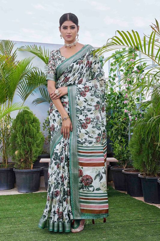 Off White Digital Printed Designer Linen Blend Saree