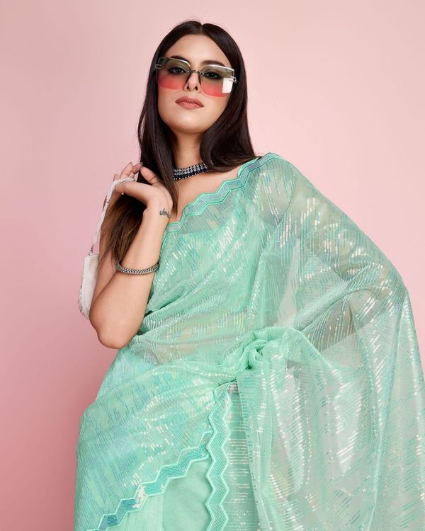 Sea Green Thread & Sequance Embroidery Work Silver Twill Net Saree
