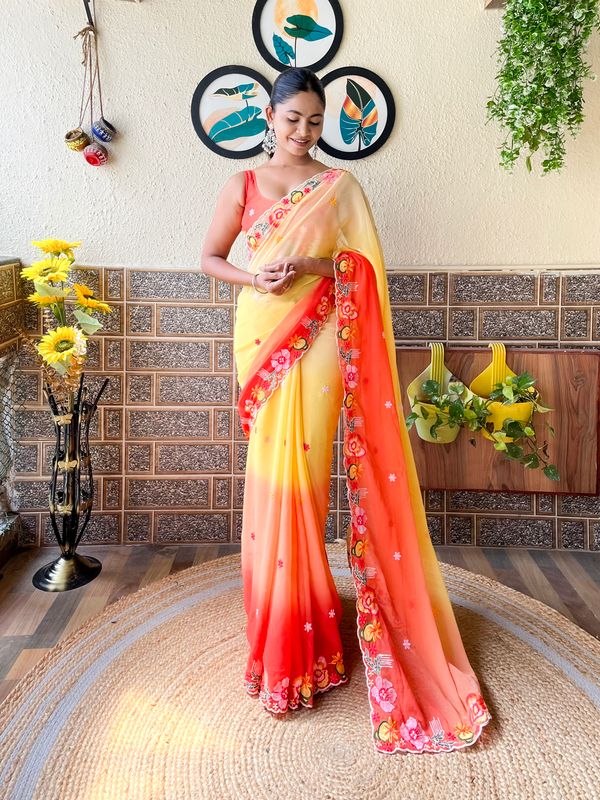 Yellow Color With Embroidery Work Georgette Saree
