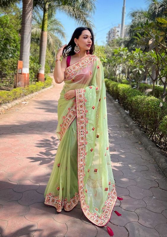 Green Multy Thread & Jari Embroidery Work Silver Tissue Silk Saree