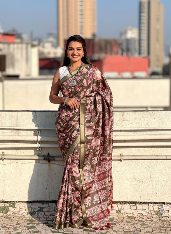 Green Wevon Jari Border & Designer Digital Printed Tussar Silk Saree