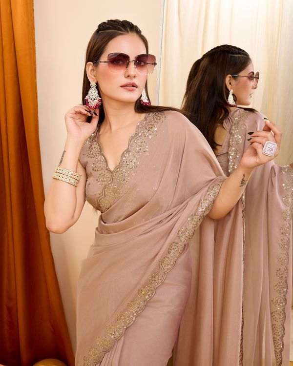 Brown Designer Sequance Embroidery Work Georgette Saree