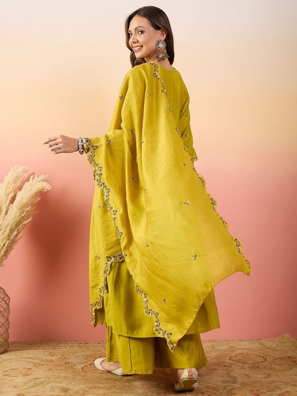 Yellow Color Beautiful Woven Silk Readymade Suit with Festive Thread Embroidery Work