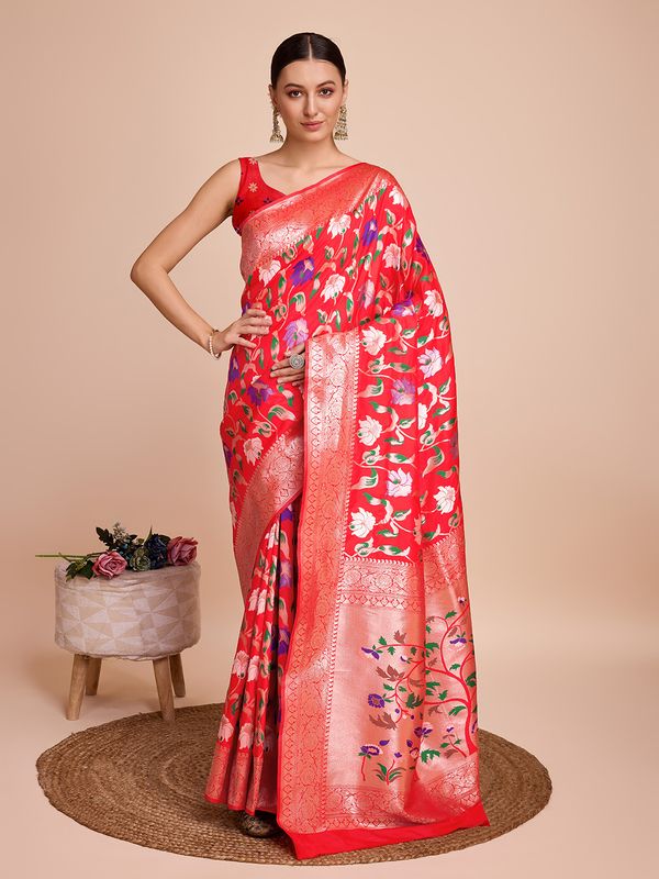 Red Weaving Meenakari Designer Paithani Silk Saree