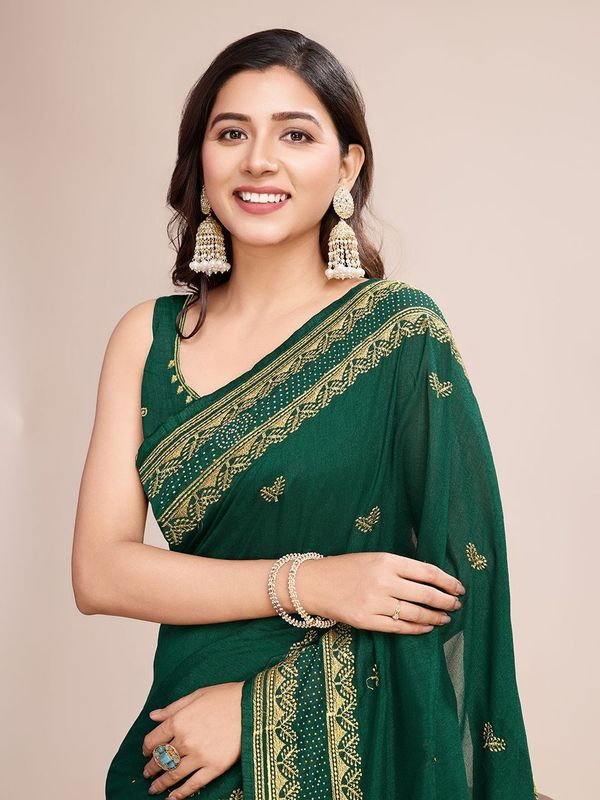 Green Designer Embroidery Work Vichitra Silk Saree