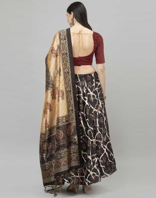 Digital Print Satin Silk Fabric Stitched Lehenga Choli With Jequared Blouse and Assami Silk Thread Work Dupatta For Women and Girls In Festive Party And Traditional Wear