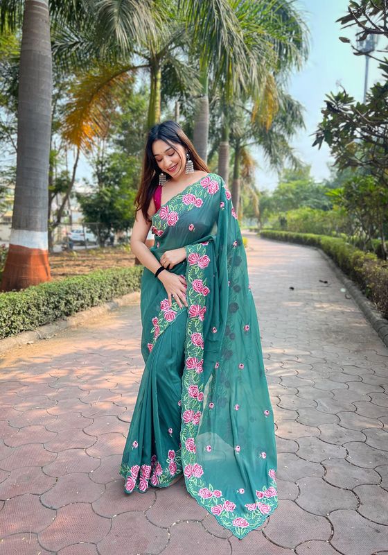 Sea Green Designer Thread Embroidery Work Organza Saree