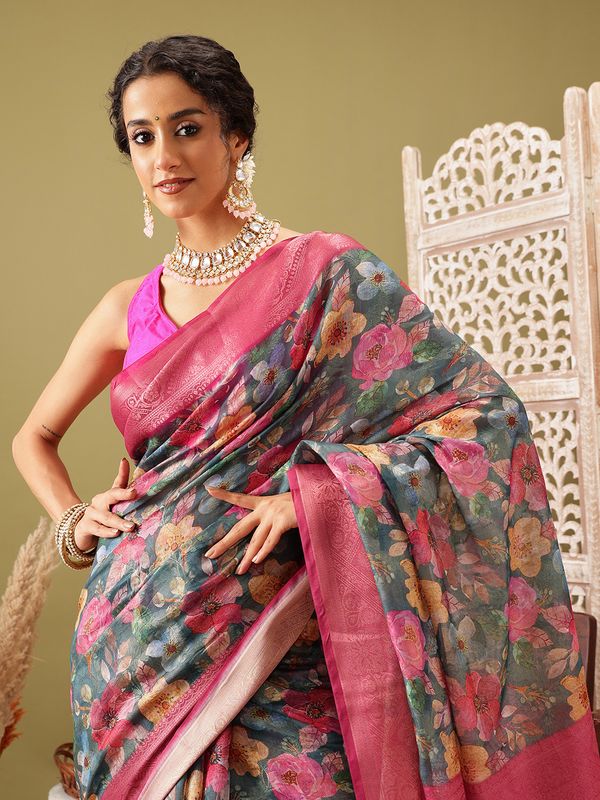 Teal Digital Printed Banarasi Cotton Zari Woven Saree