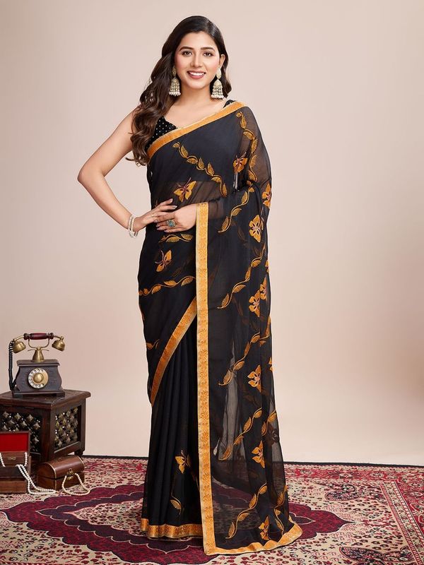 Black Designer Embroidery Work Georgette Saree
