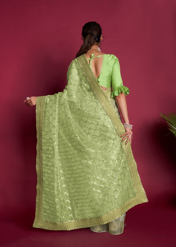 Green Designer Sequance Embroidery Work Organza Saree