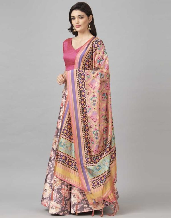 Digital Print Satin Silk Fabric Stitched Lehenga Choli With Jequared Blouse and Assami Silk Thread Work Dupatta For Women and Girls In Festive Party And Traditional Wear