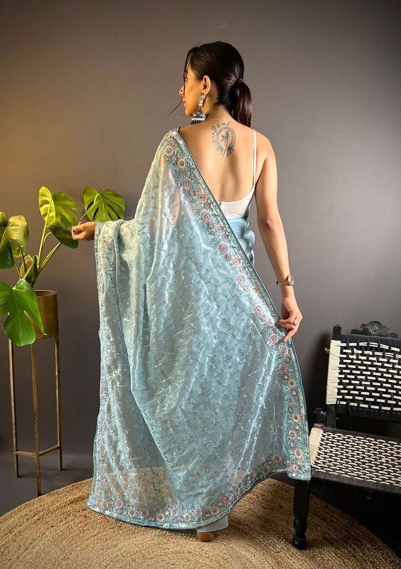 Grey Thread & Sequance Embroidery Work Twill Net Saree