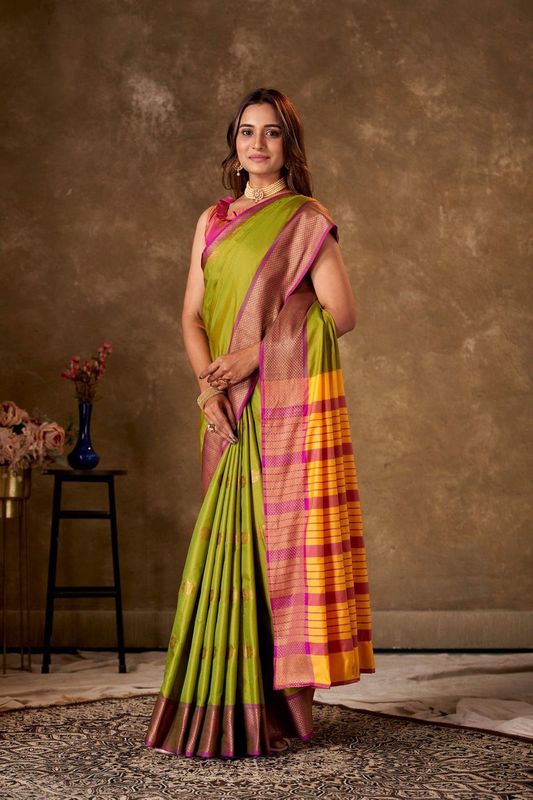 Light Green Cotton Striped Saree and Stitched Pink Blouse