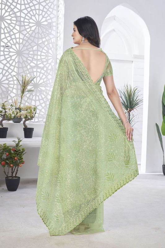 Green Multy Thread & Sequance Embroidery Cut Work Tissue Net Saree