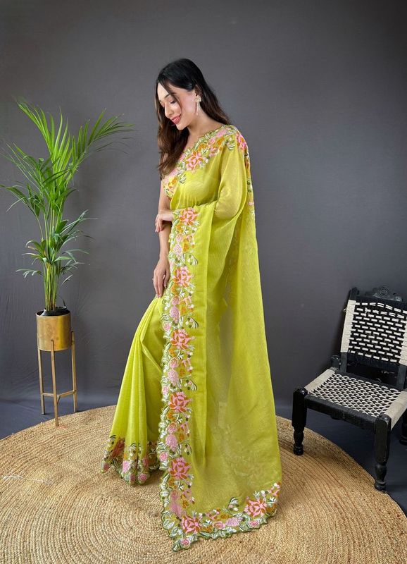 Green Cross Stich Embroidery Cut Work Glossy Silk Saree