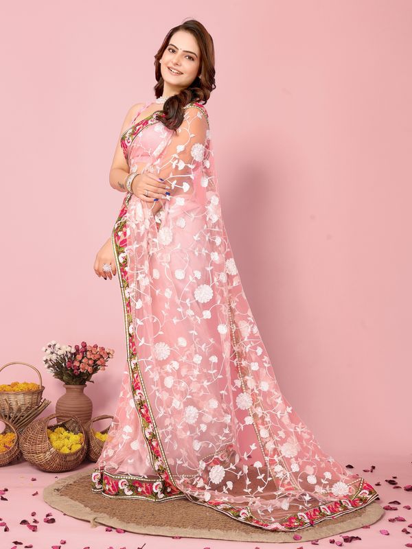 Pink Multy Thread Embroidery Work Soft Net Saree
