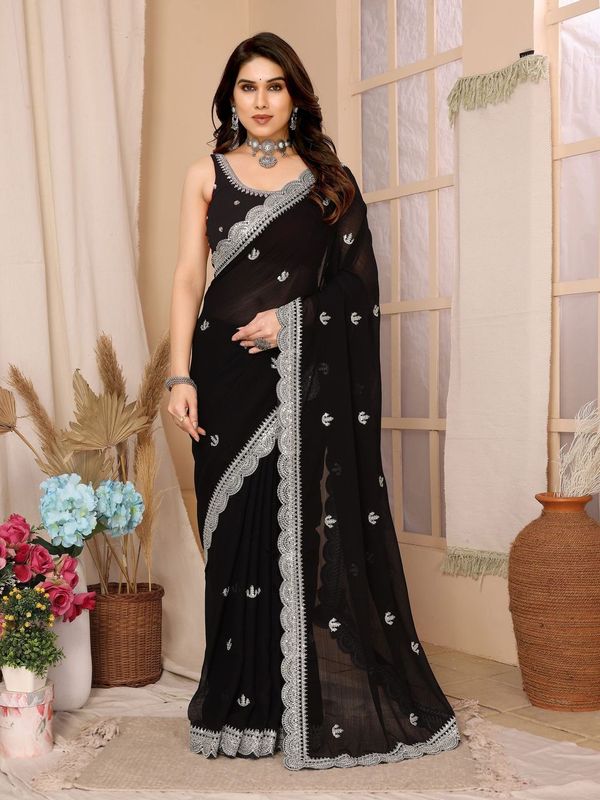 Black Sequance Embroidery Work Zomato Chiffon Saree