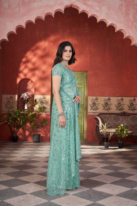 Sea Green Sequance & Thread & Pite Embroidery Work Tissue Net Saree