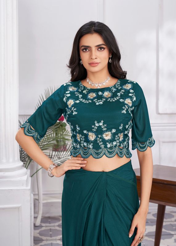 Turquoise Designer Sequance Embroidery & Hand Work Shimmer Georgette Saree