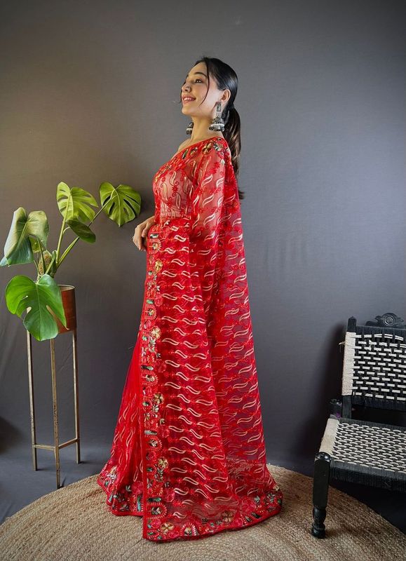 Red Multy Thread Embroidery Work Butterfly Net Saree