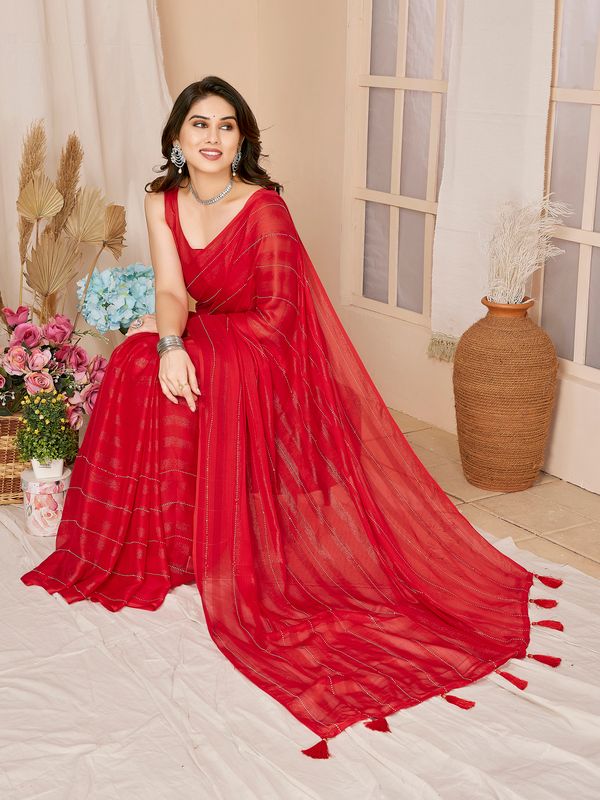 Red Wevon Designer & Swarovski Work Georgette Saree