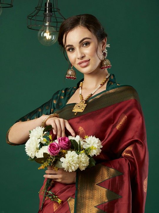 Red Banarasi Silk Woven Saree With Tassels on Pallu and Stitched Green Blouse