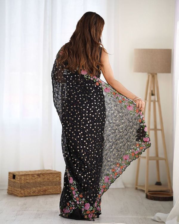 Black Multy Thread & Sequance Embroidery Work Georgette Saree