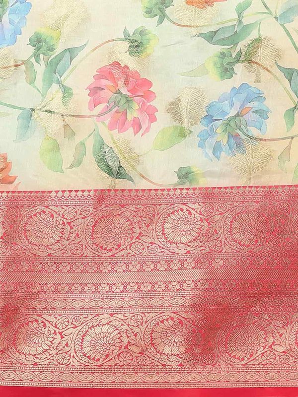 Beige Floral Chanderi Kamlamkari Art Silk Saree