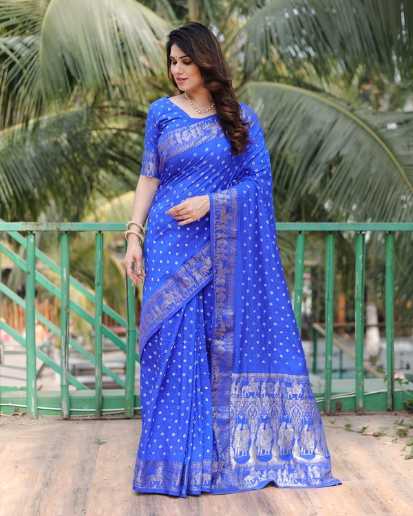 Blue Color Dola Silk Fabric Wevon Border Pallu Designer With Bandhej Work Saree
