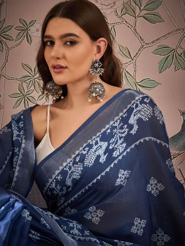 Navy Blue Color Digital Printed Designer Linen Fabric Graceful Saree