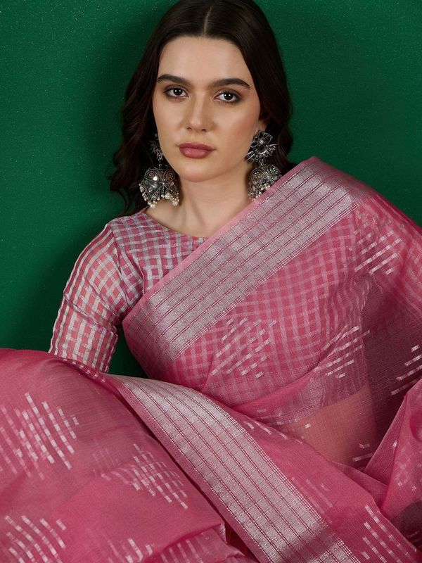 Pink Wevon Jacquard Designer Khadi Organza Saree