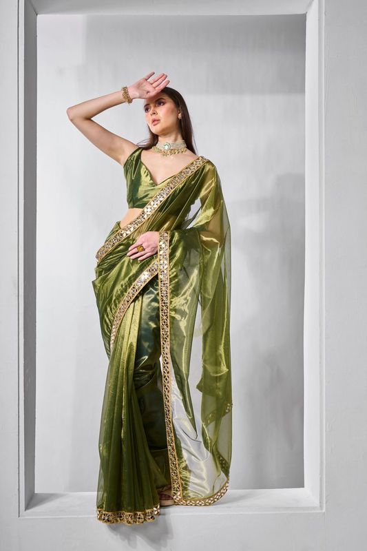 Green Solid & Gold Cotted Gold Tissue Net Saree