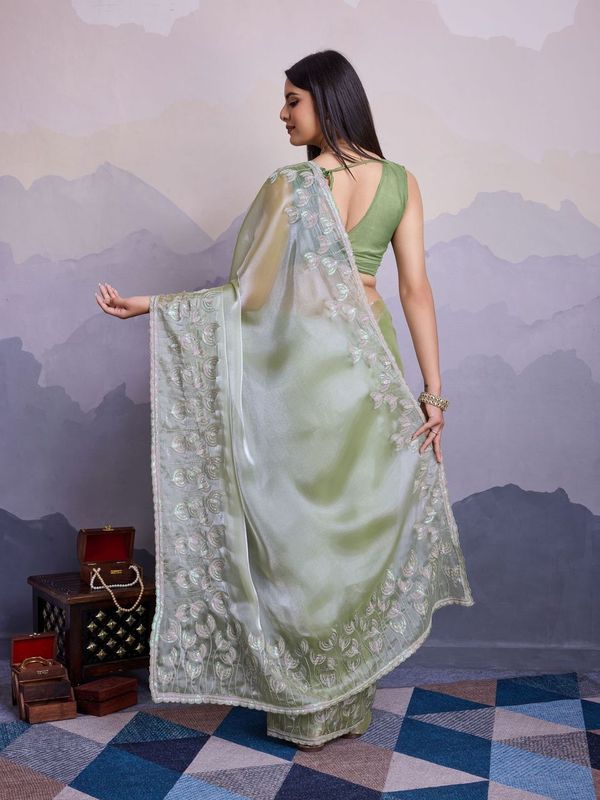 Pista Thread & Sequance Embroidery Work Jimmi Silk Saree