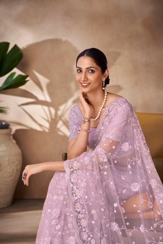 Lilac Thread & Sequance Embroidery & Zarkan Work Net Saree