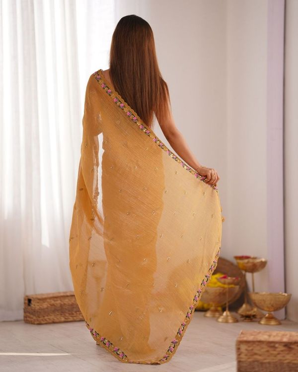Mustard Pixel Silk Thread And Sequins Embroidery Work Partywear Girlie Saree