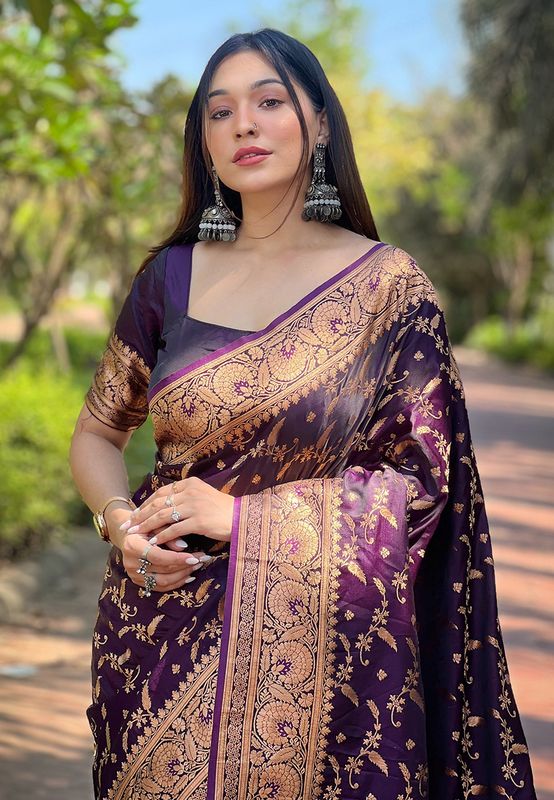 Purple Banarasi Silk Wevon Jari Designer Ethnic Partywear Ceremonial Saree For Trendy Looks