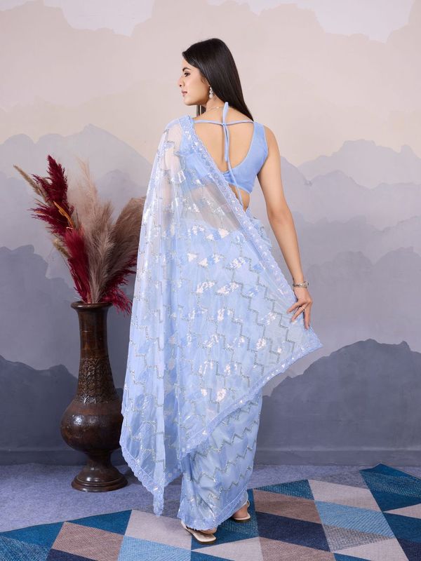 Sky Blue Designer Sequance Embroidery Work Twill Net Saree