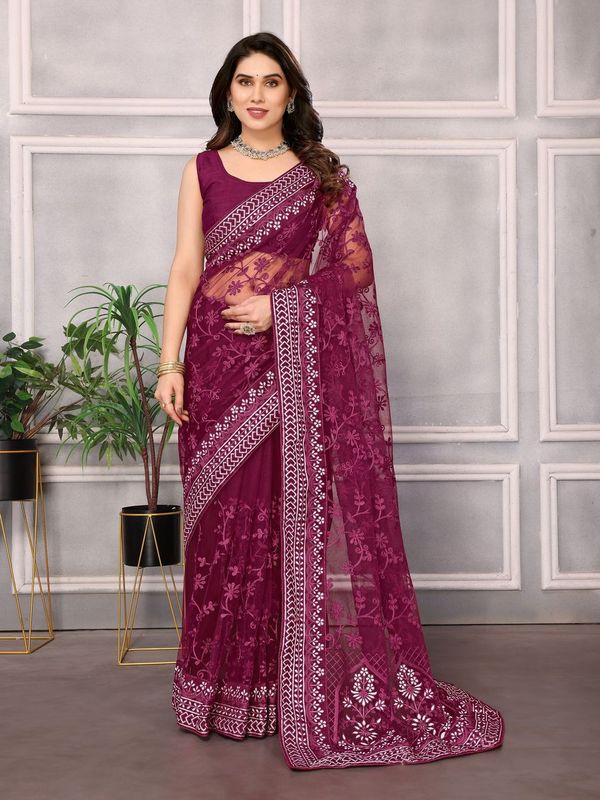 Wine Designer Thread Embroidery Work Soft Net Saree